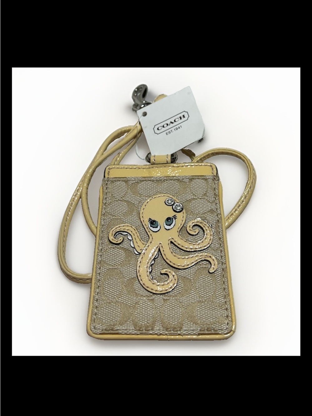 Coach Octopus Lanyard,Signature Light Khaki,Pink Patent Leather, Silver Hardware